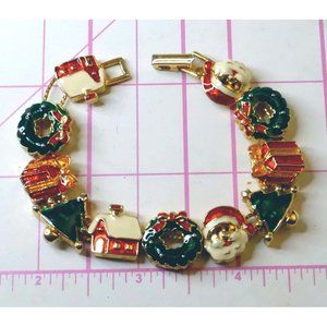 Colorful Christmas Slide Charm Link Bracelet Signed SP Golden With Enamel Paint